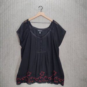 INC International Concepts Black Blouse with Red Embroidery
